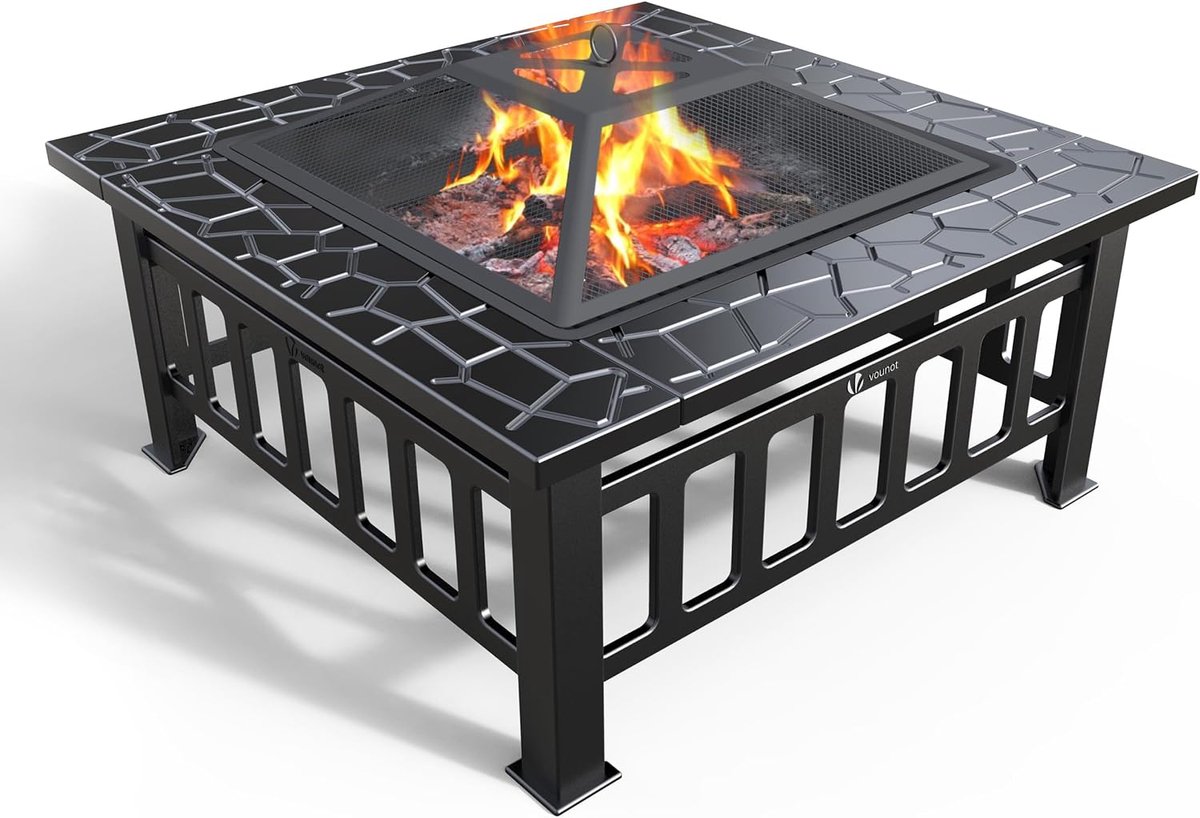 Vuurschaal Buiten 81 x 81 x 45 cm - 3-in-1 Vuurtafel voor Tuin en Terras - Buitenhaard met BBQ Rooster, Vonkendeksel en Pook