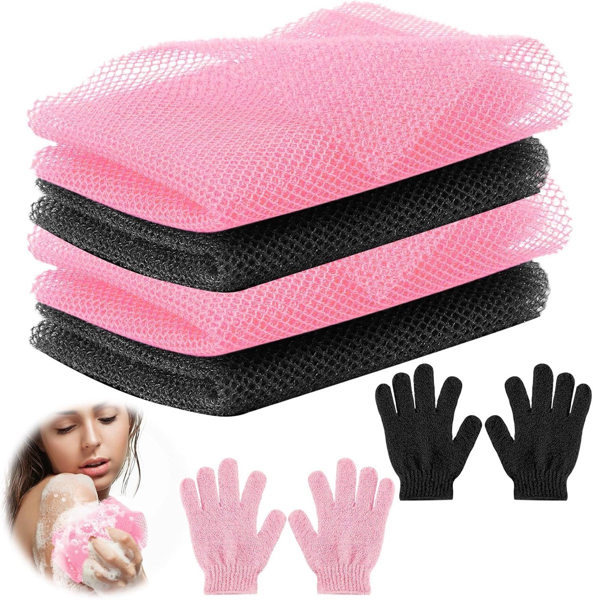 Set van 4 Afrikaanse net sponsen en 2 exfoliërende handschoenen voor een verfrissende massage en huidverzorging