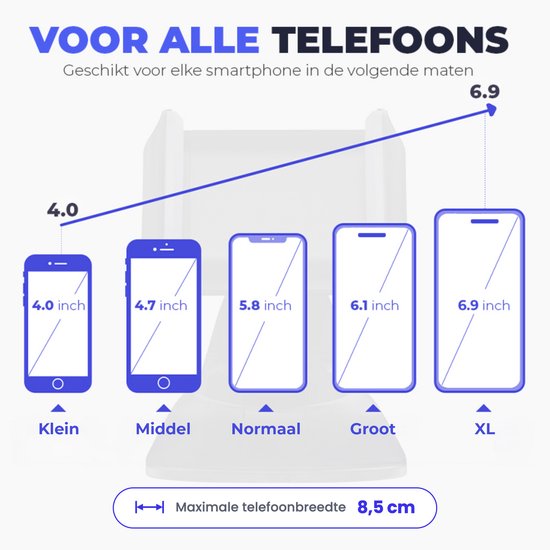 Voor alle telefoons, geschikt voor elke smartphone van 4.0 tot 6.9 inch, maximale telefoonbreedte 8,5 cm.