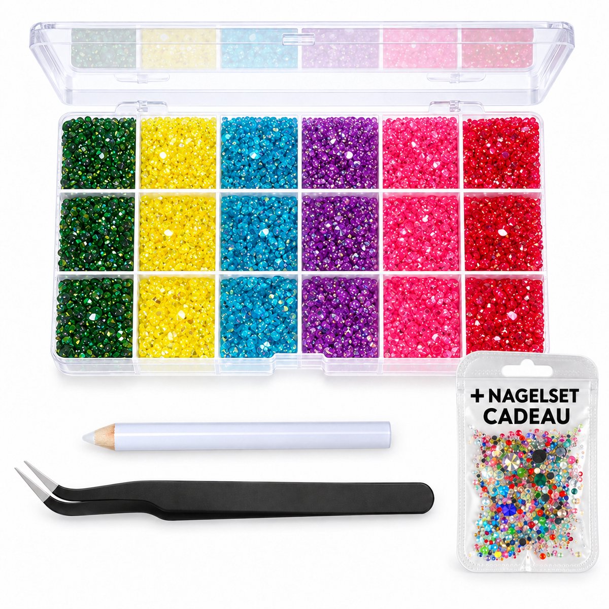 Currero Bedazzle Kit - Bedazzling - Plakstenen - Strass Steentjes - DIY Versieren - Set Met 14.500 Steentjes - 18 Vakken - Nagel Decoratie - AB Glitter - 3/4/5mm - Stijl E
