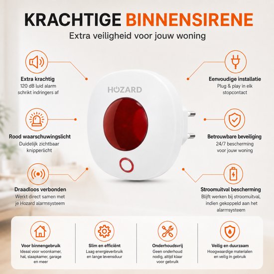Binnensirene van Hozard met rood knipperlicht en logo.