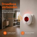 Wit Hozard alarmsysteem met rode zwaailamp, aangesloten op een stopcontact.