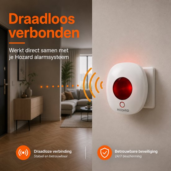 Wit Hozard alarmsysteem met rode zwaailamp, aangesloten op een stopcontact.