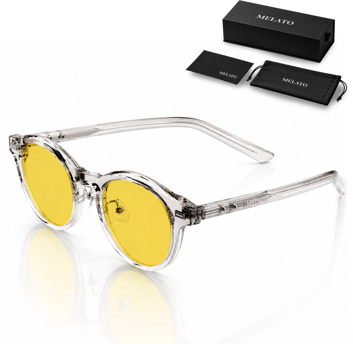 Melato Nox Blauw Licht Bril - Dagbril - 99% Blauwlichtfilter - Computerbril - Gele Lens - UV400 - Premium - Acetaat Frame - ANSI & ISO Gecertificeerd - Wetenschappelijk Getest - Blauwlichtbril - Inclusief Luxe Doos, Pouch & Doekje - Transparant