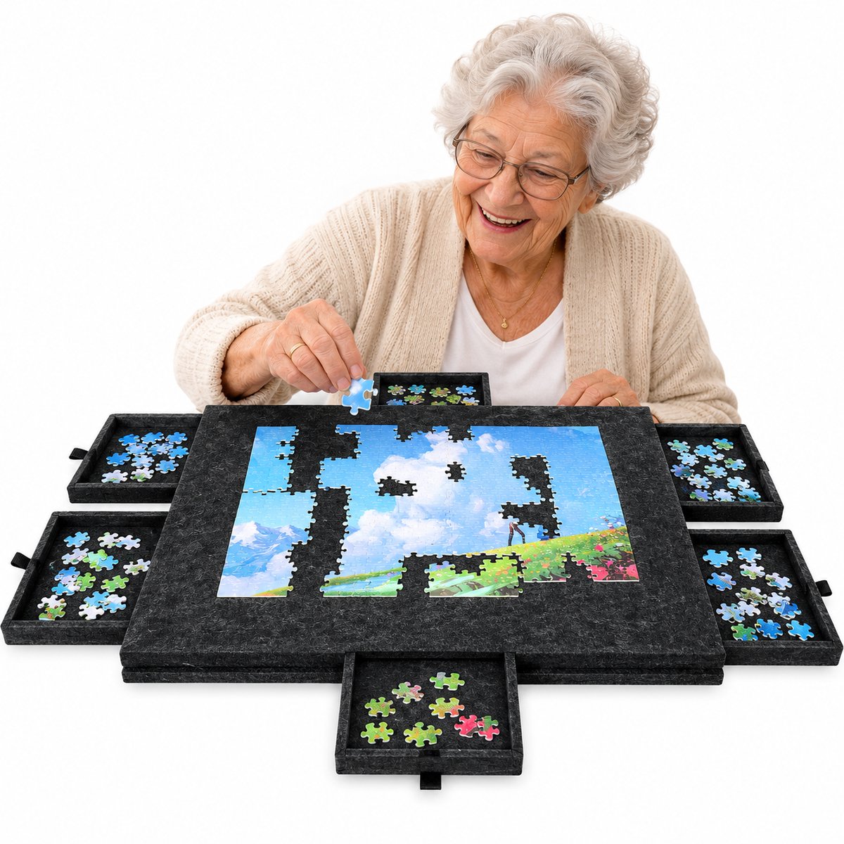 Currero Puzzeltafel Met Lades 1000 Stukjes - Puzzelbord - Puzzelmat - Opbergsysteem - Vilt - Met Deksel - Legpuzzel Accessoires - 1000 Pcs Zwart