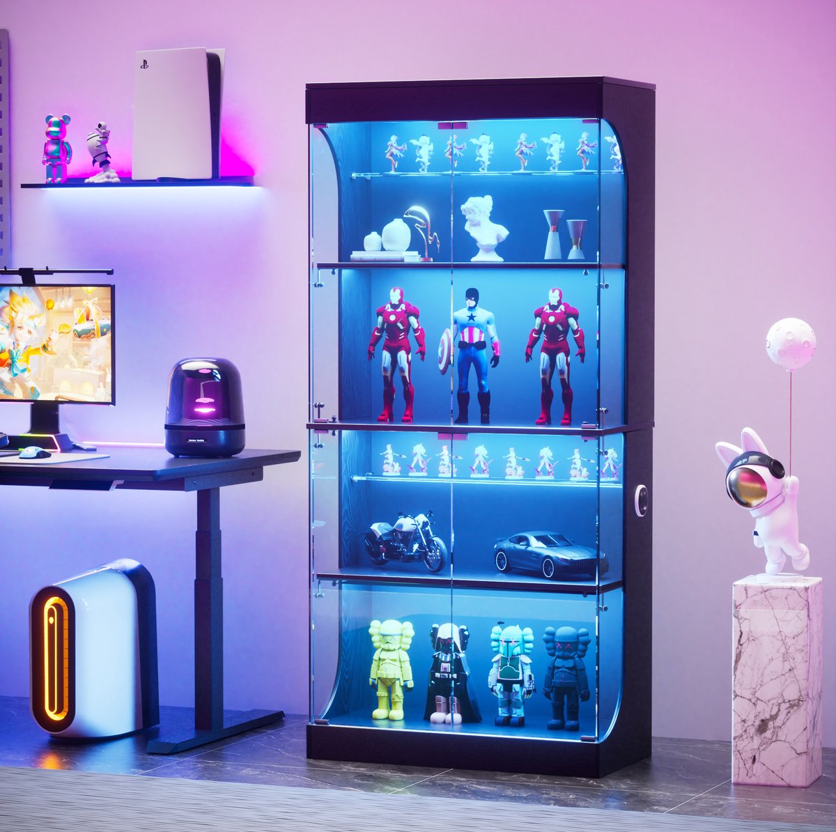 DESMIU Vitrinekast - Ledverlichting Met Sensor En Oplaadpunten - Voor Woonkamer Slaapkamer En Kantoor - Glas En Spaanplaat - 80x35x165 Cm - Zwart