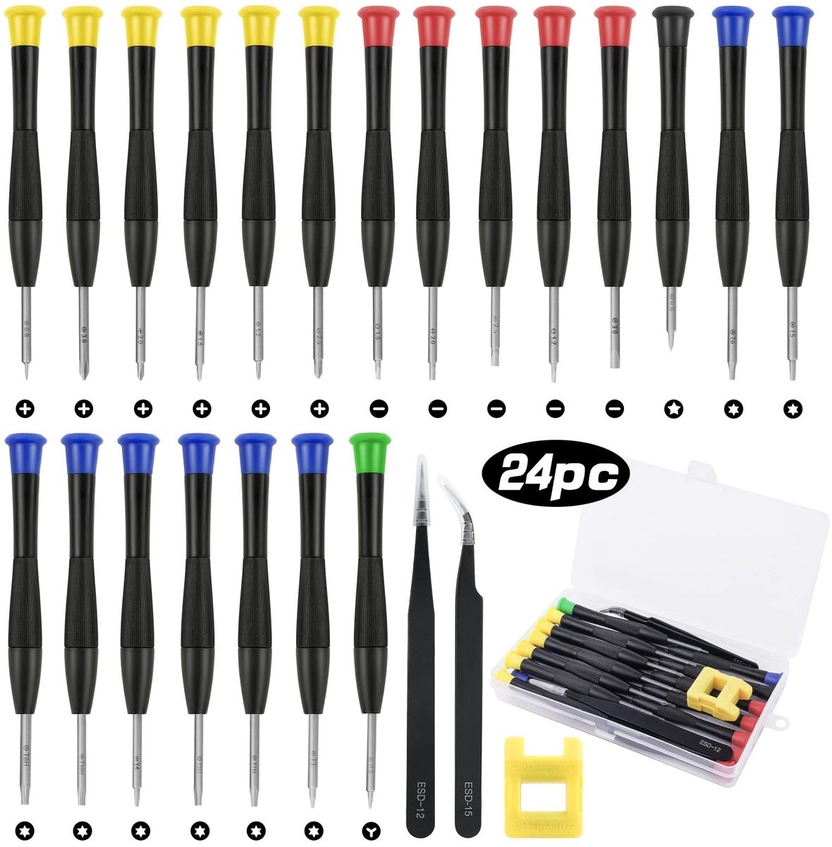 Precisie Schroevendraaierset - 24-delig - Met 21 schroevendraaiers, 2 pincetten en 1 magnetiseerder - Voor brillen, horloges, PS4 en juwelierswerk - Met opbergdoos
