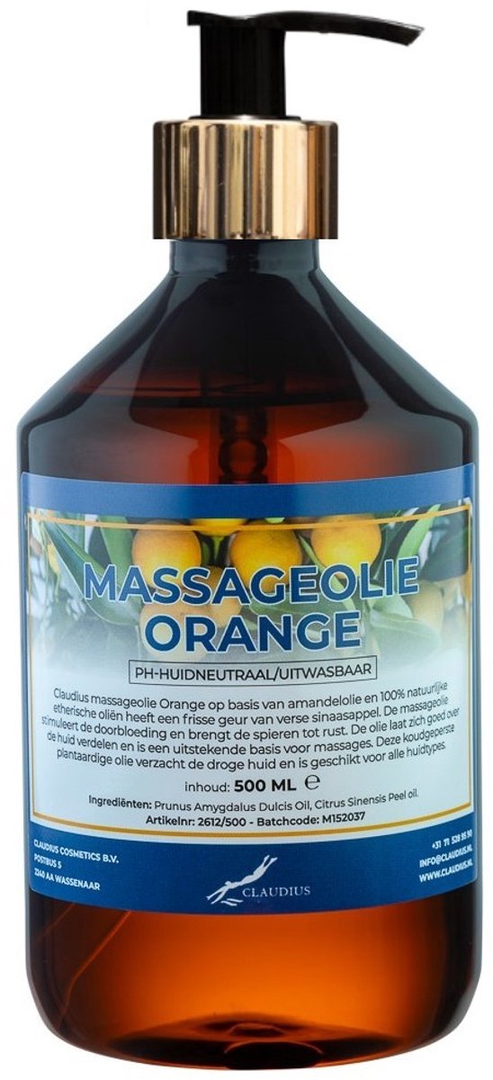 Massageolie Orange 500 ml met gouden pomp - 100% natuurlijk - biologisch en koud geperst