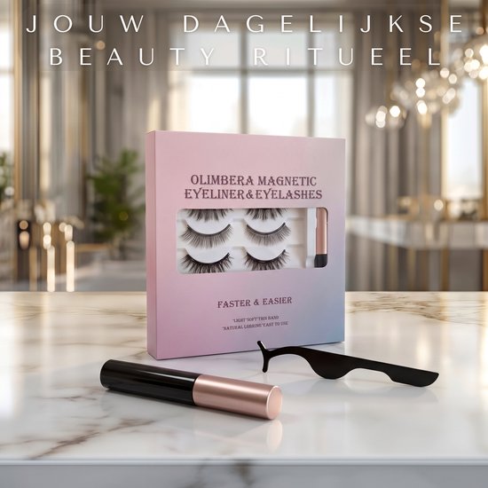 Doos met 3 paar magnetische wimpers, applicator en eyeliner op een marmeren tafel.