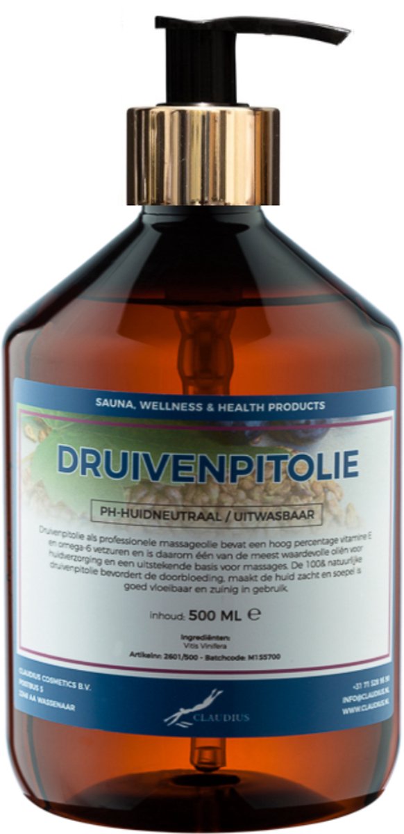 Druivenpitolie 500 ml met gouden pomp - 100% natuurlijk - biologisch en koud geperst - grapeseed oil