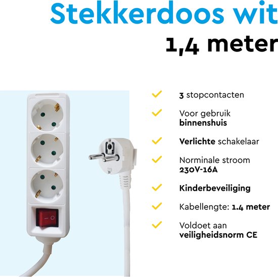 Witte stekkerdoos met 3 stopcontacten en rode schakelaar. Kabellengte 1,4 meter.