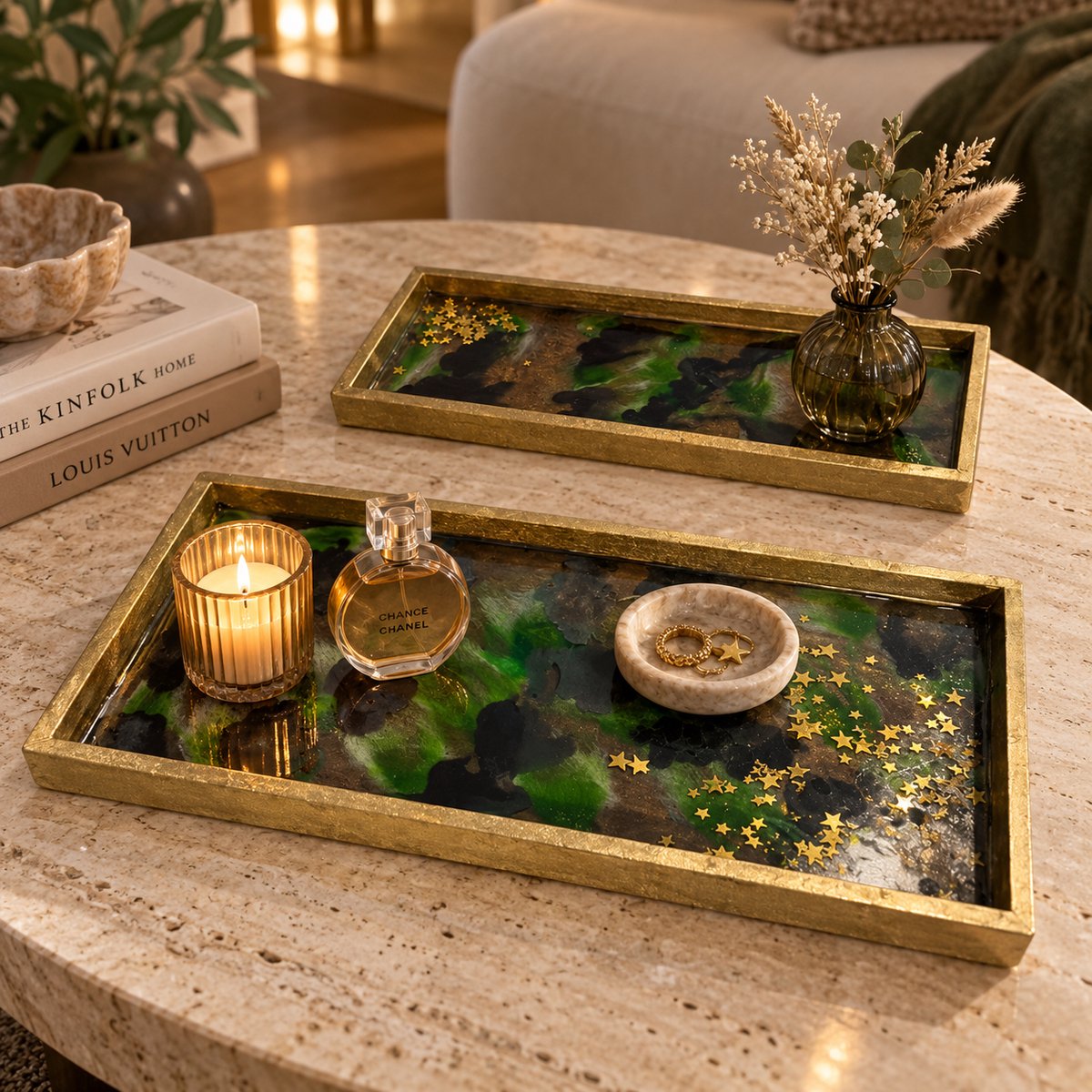ZoeZo Design - 2 stuks - kaarsenplateau - decoratieplateau - sierradenplateau - hout - epoxy bodem - vintage goud - groen - zwart - 2 verschillende afmetingen