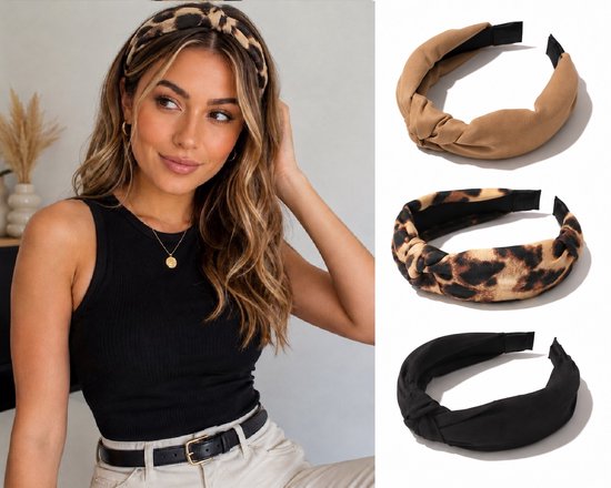 Dames met luipaardprint diadeem, beige diadeem en zwarte diadeem. De modellen zijn gedraaid.
