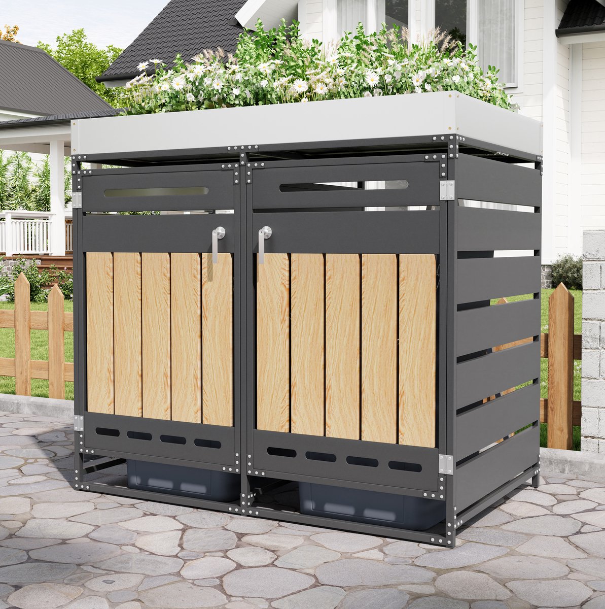 Containerberging – 2 Compartimenten met Slot – 137 x 79 x 125 cm – Metaal – Zwart – Plantenbak en Ventilatie