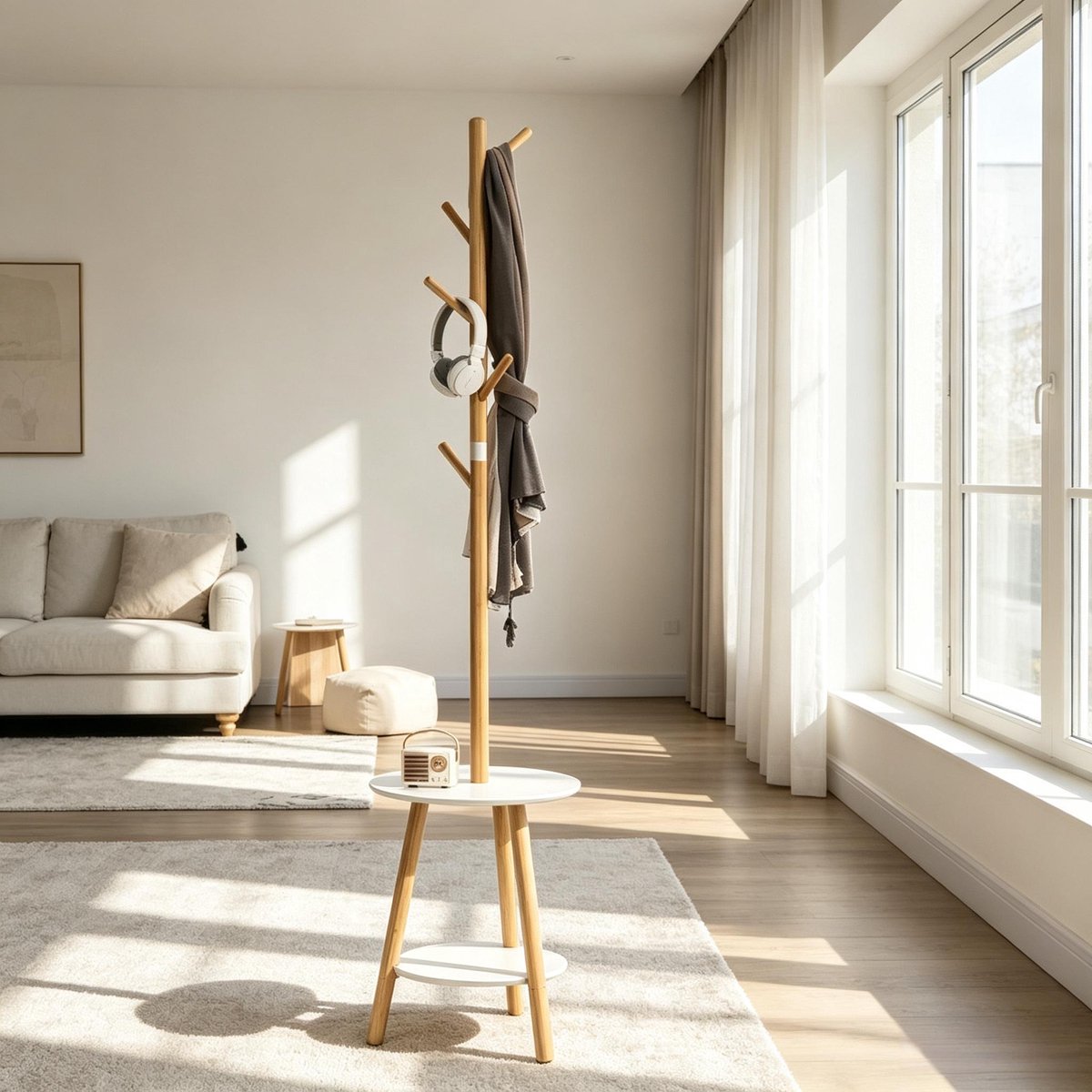 REDOM - Kledingrek - Vrijstaand - 5 haken - 2 ronde legplanken - Bamboe MDF aluminium - Modern - Hal en slaapkamer - Natuurlijk wit - 39,5 x 39,5 x 171 cm