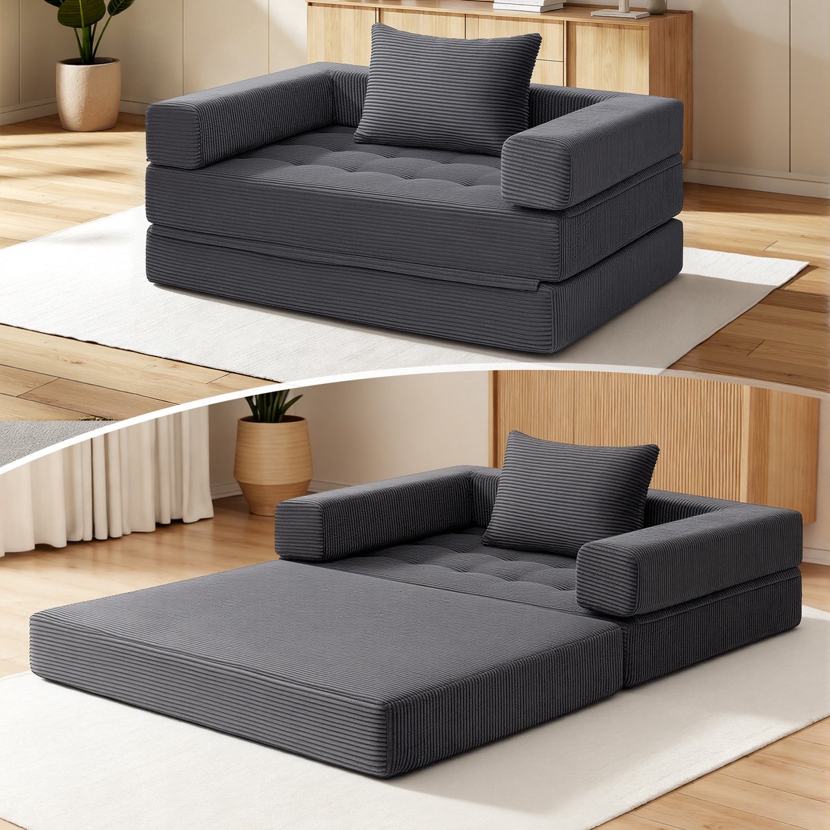 HOMMPA 5-in-1 Slaapbank 2-zits – Vouwbare Vloersofa & Logeerbed – Corduroy – Grijs – 128 x 176 cm