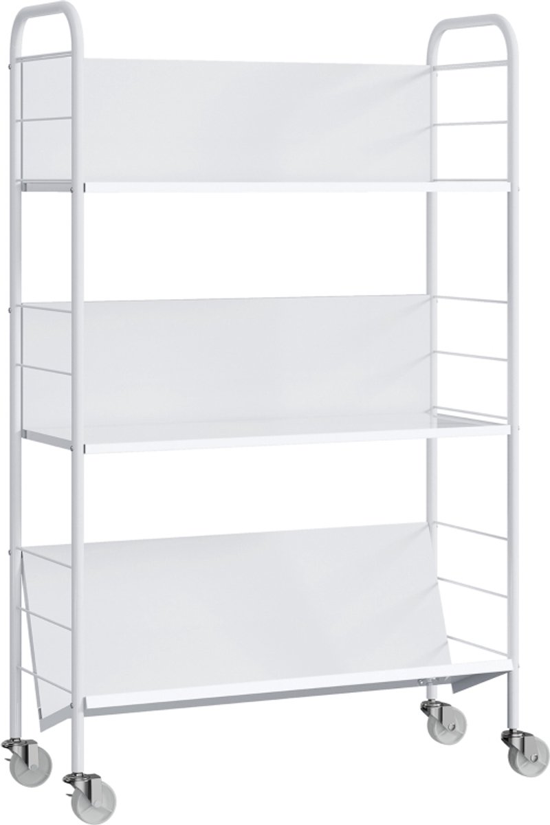 Opbergkar 69x26x108 cm Wit Metalen constructie Boekenrek Opbergrek Kar Met wielen Stevig en duurzaam Makkelijk te verplaatsen Praktisch en mooi Te gebruiken in de woonkamer, de slaapkamer en de studeerkamer