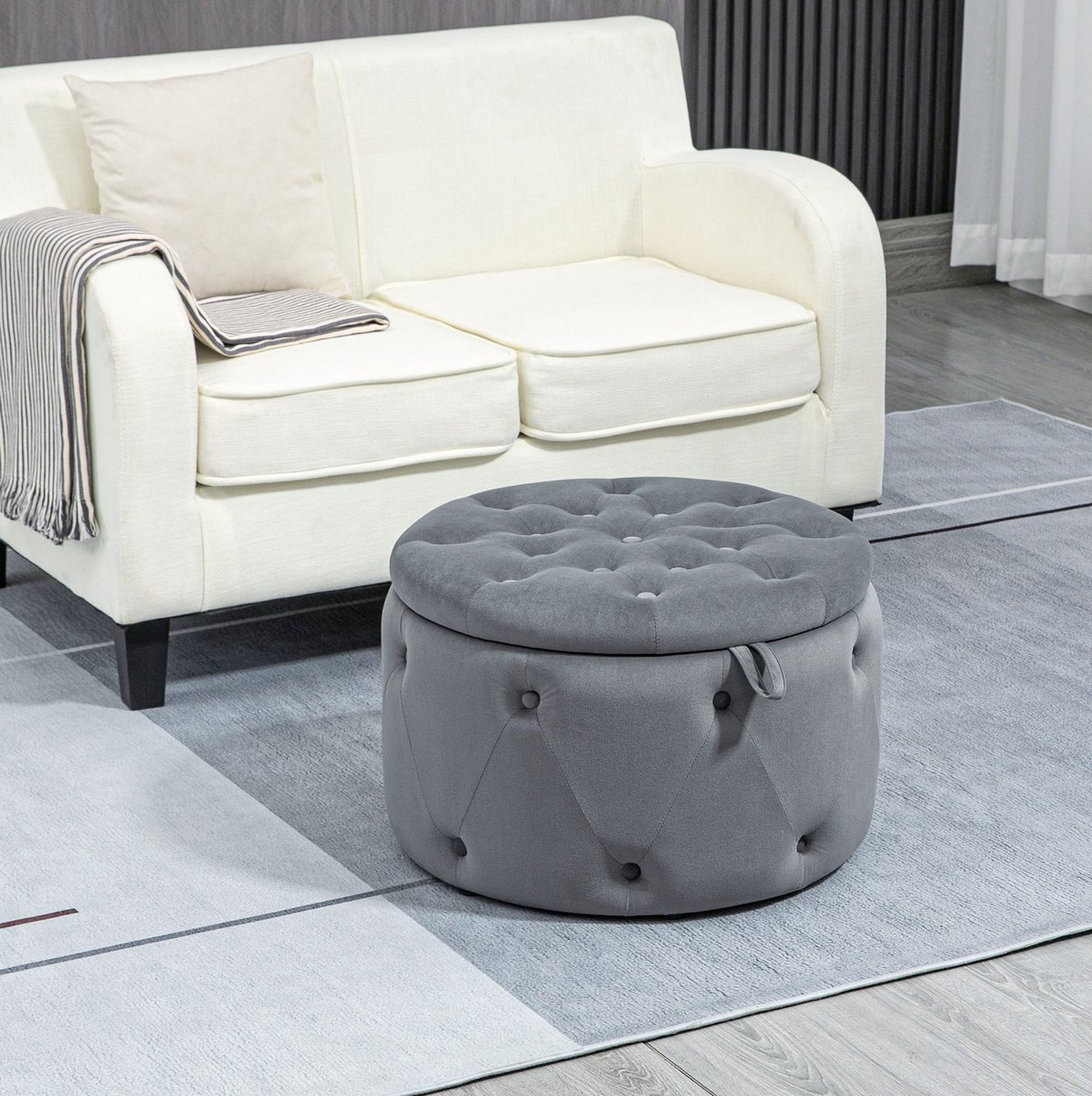 MODFU - Hocker Met Opbergruimte - Rond Met Deksel - Gestoffeerd - Grijs - Ø60 X 40 Cm