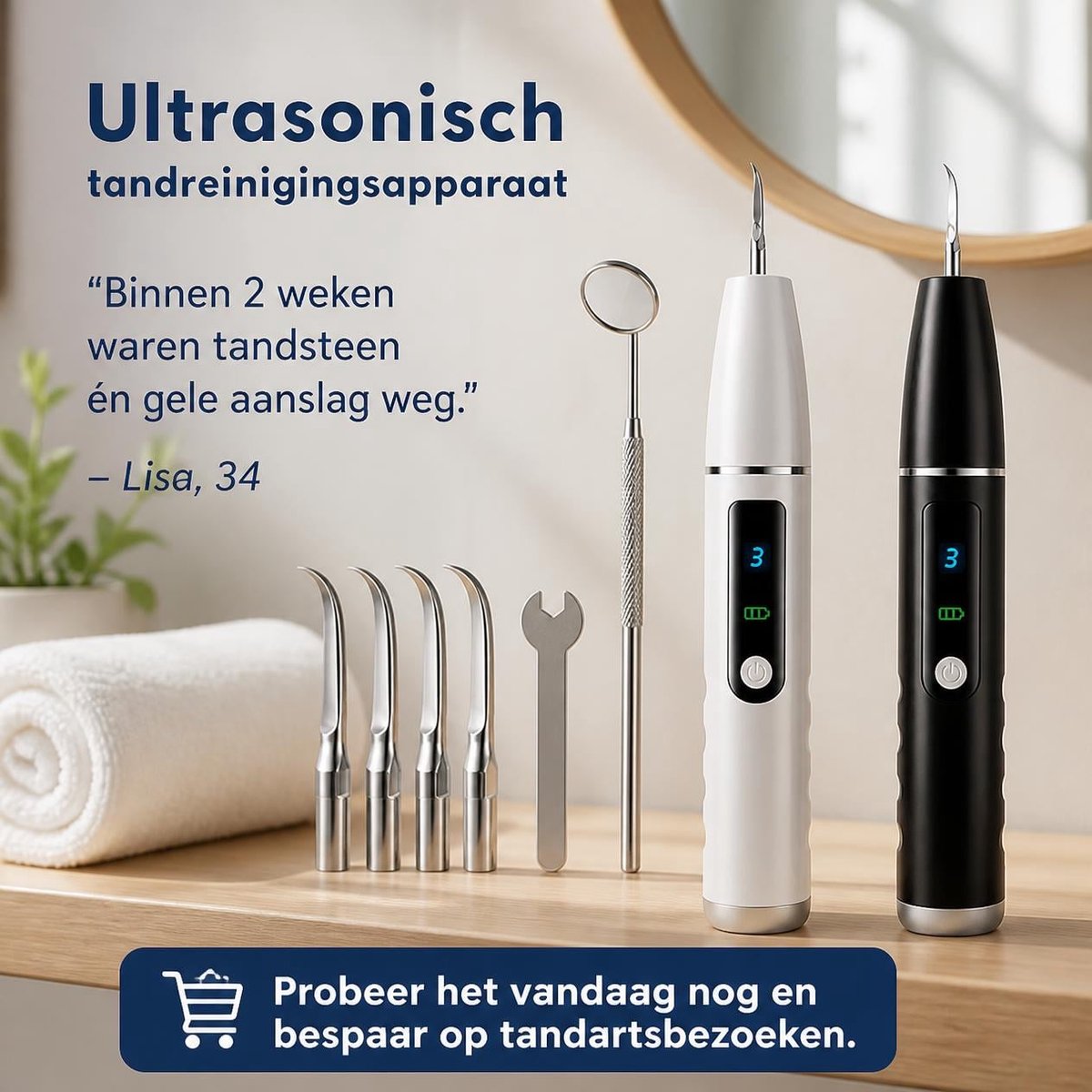 Elektrische Tandsteen Verwijderaar – Ultrasone Tandenreiniger | 3 Standen & 4 Opzetstukken | Verwijdert Tandplak, Tandsteen & Gele Vlekken | Tanden Polijsten | Tandarts Thuisset voor Witte Gezonde Tanden