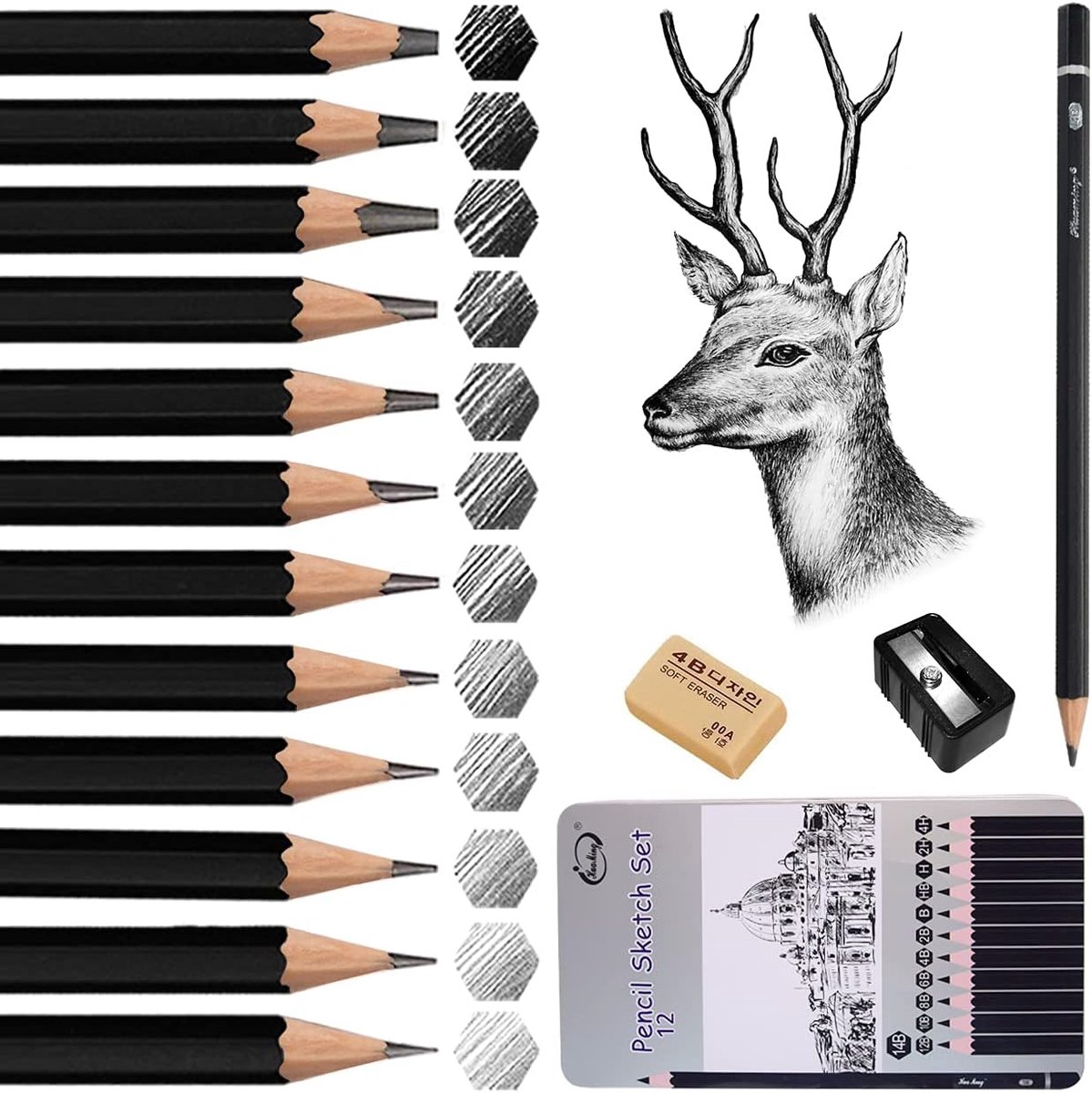 Surcotto Sketch Pencil Set, 12Pcs Professional Drawing Artist Pencils Set Drawing Pencils 14B 12B 10B 8B 6B 4B 2B HB H 2H 4H for Children and Adults