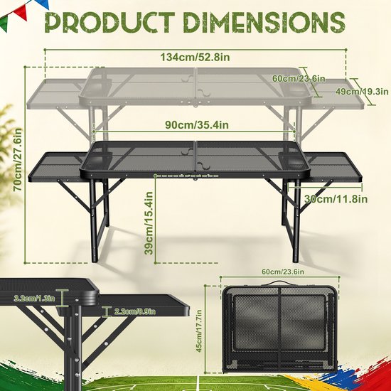 Froadp Kampeertafel inklapbaar 90x60 cm, Bijzettafel Outdoor met Metaalgaasplateau, Vouwtafel met verstelbare hoogte & breedte, Draaghendel, Picknicktafel (tot 134x60 cm) van Merkloos — afbeelding 2