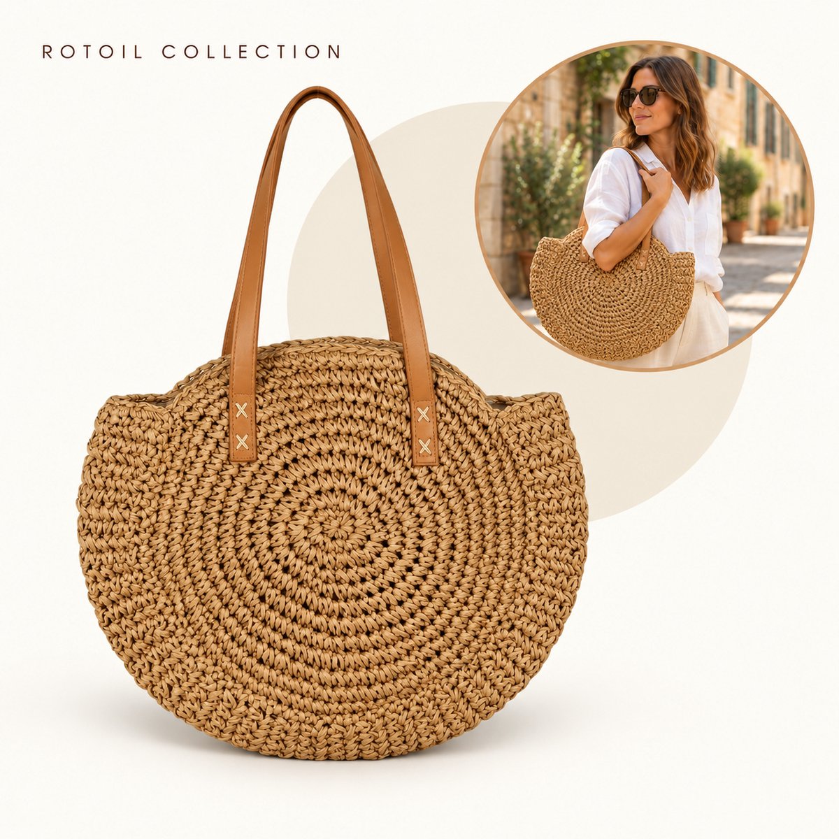Rotoil Collection - Grote Strandtas Dames – Gevlochten Halvemaan Shopper met Ritssluiting en Binnenvak – Rieten Look Zomertas – 44 x 41 cm – Coffee Bruin