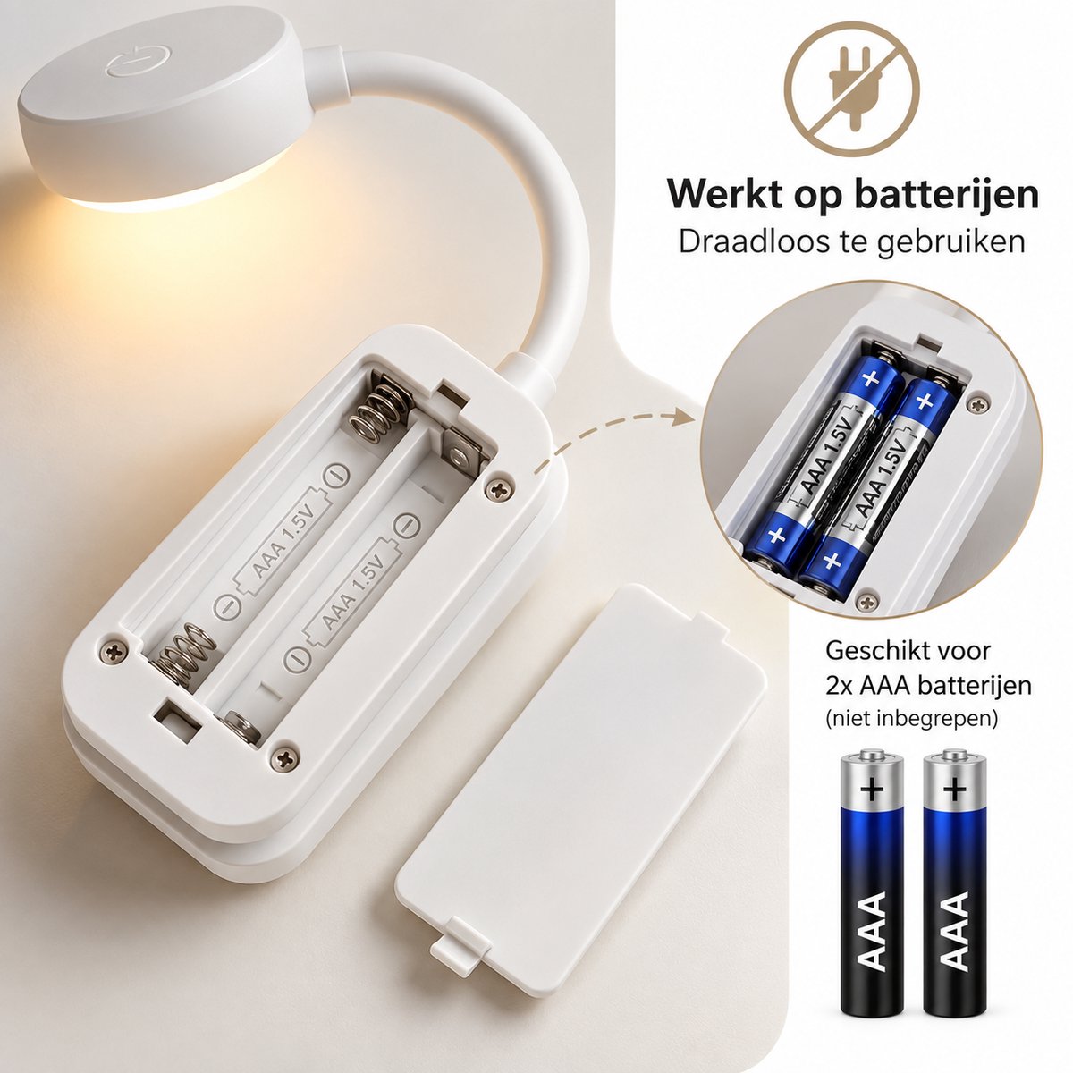 Nina's Giftshop® Leeslampje voor Boek – Boekenlamp met Klem – 3 Lichtstanden – Flexibel – LED Leeslamp – Op Batterijen – Leeslampje Bed — cadeau in Gadgets - foto 4
