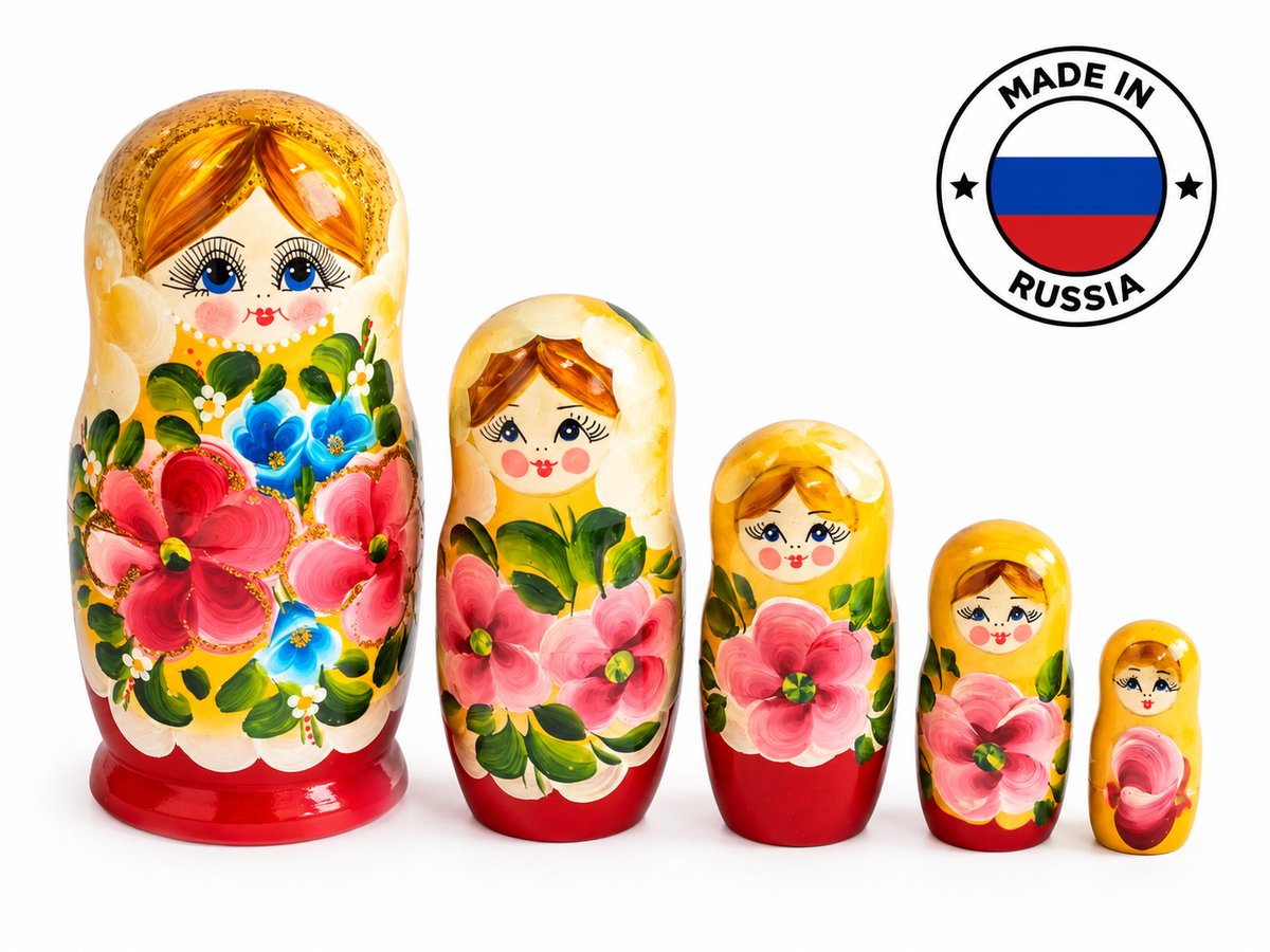 Houten Matroesjka poppen, Russische,babushka, 15,50 cm hoog 5 delig handbeschilderd - Multicolor geel