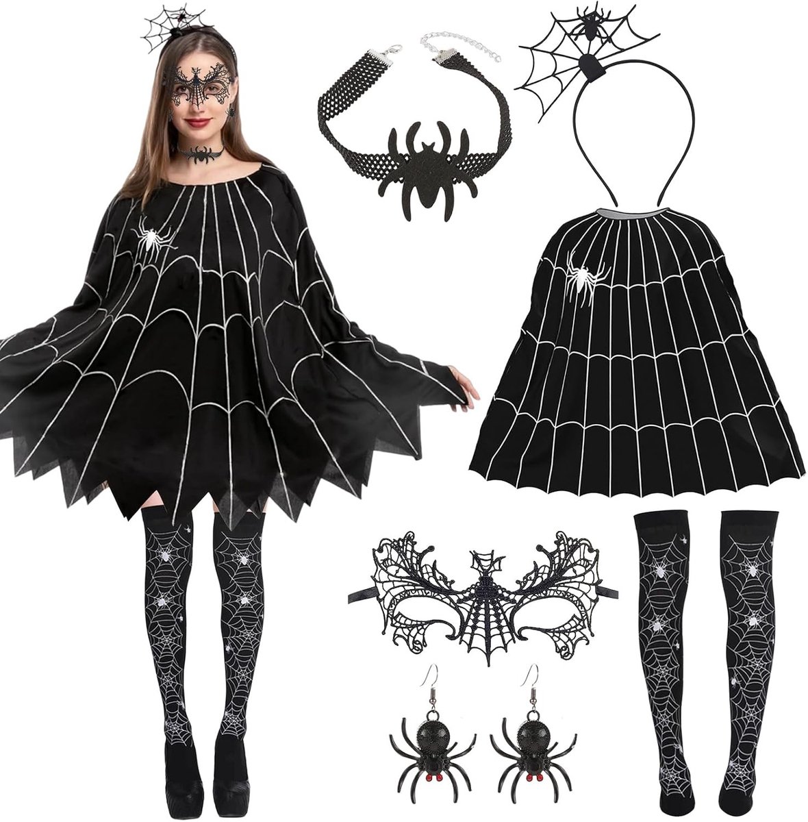 6-delige Halloween kostuumset voor vrouwen met vleermuis thema, inclusief spinnenmasker, haarband, poncho met spinnenweb en sieraccessoires voor een unieke carnavalslook