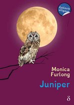 Boek 'Juniper' van Monica Furlong met een uil op een tak voor de maan. 'Dyslexie uitgave' in blauwe cirkel.