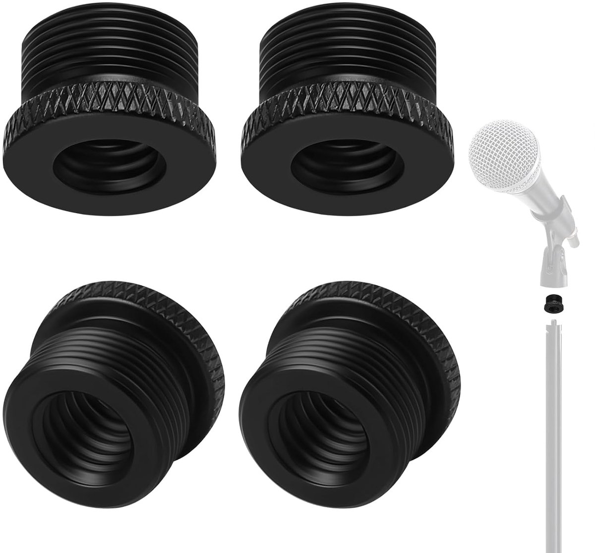 Twee adapters: één van 5/8 inch mannelijk naar 3/8 inch vrouwelijk voor microfoondraad; en twee adapters: één van 5/8 inch mannelijk naar 1/4 inch vrouwelijk voor statiefdraad, geschikt voor microfoon- en cameramonitorbevestigingen.