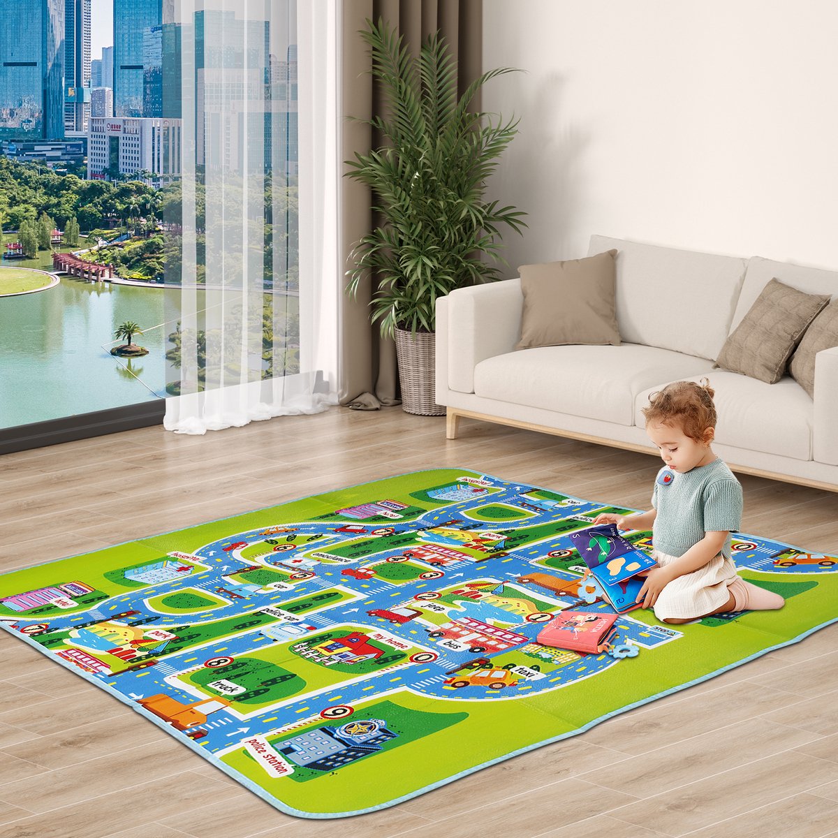 PIPIPOXER Speelmat - Babygym - Speelkleed Baby - Inclusief Speelmat & Zachte Kruipmat met Levendige Auto & Stad Print - Baby - Opvouwbaar - Babyshower -Groen thumbnail 3