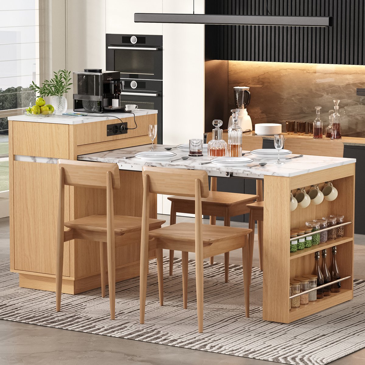 Clruro Keukeneiland - 154x80,5x94 cm - Verrijdbaar - LED, Stopcontact en Haken - MDF - Naturel