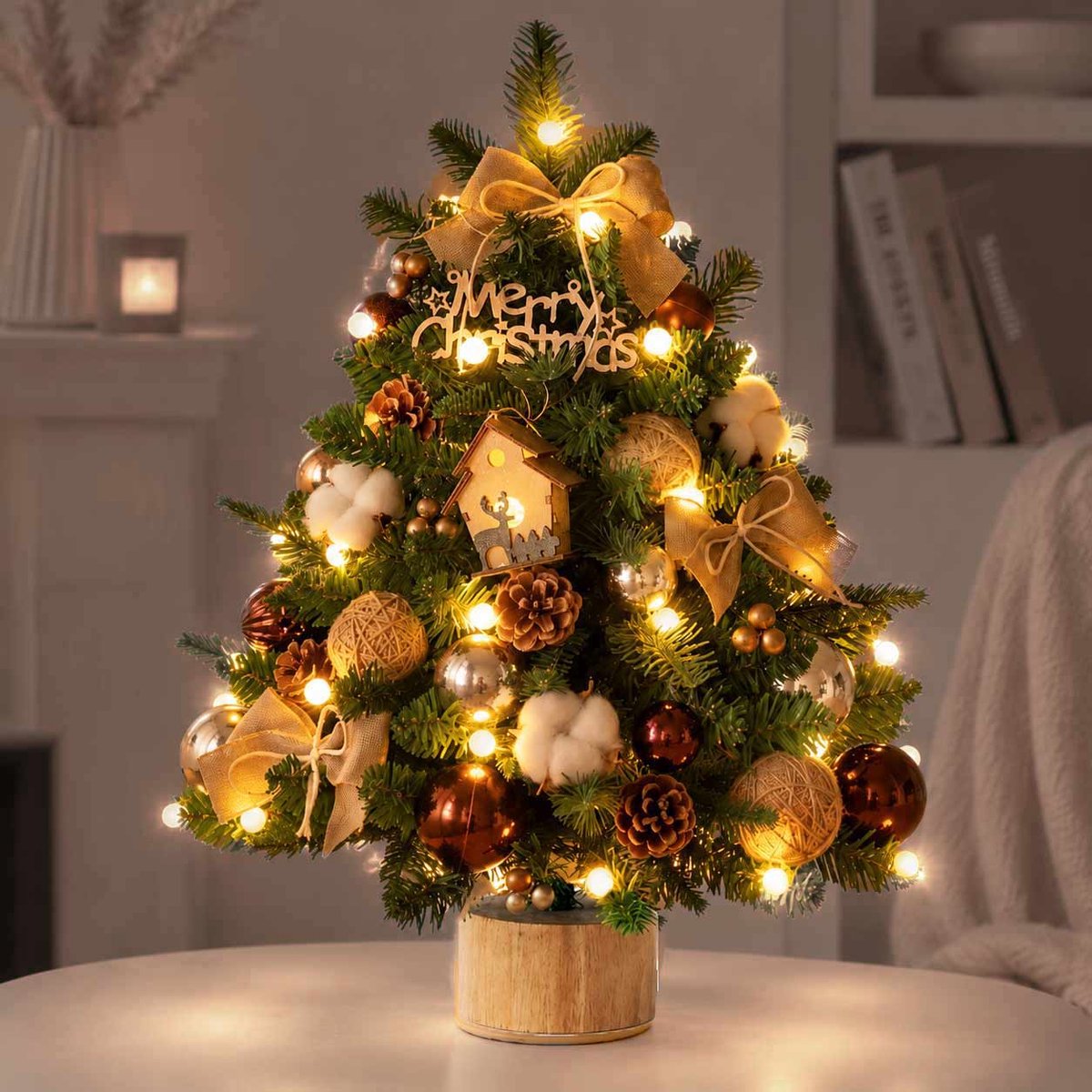 Meedeer Mini Kerstboom-Kunstkerstboom-H60 cm-Tafelkerstboom-PE+PVC Materiaal-Met led-Bollen garen-Strikken-Dennenappels-Zeer Dicht Takkenstelsel-Groen-Kleine Kerstboom voor kerstdecoratie, feestjes