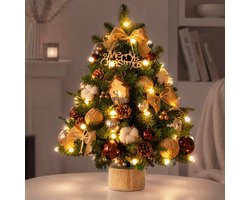 Meedeer Mini Kerstboom-Kunstkerstboom-H60 cm-Tafelkerstboom-PE+PVC Materiaal-Met led-Bollen garen-Strikken-Dennenappels-Zeer Dicht Takkenstelsel-Groen-Kleine Kerstboom voor kerstdecoratie, feestjes