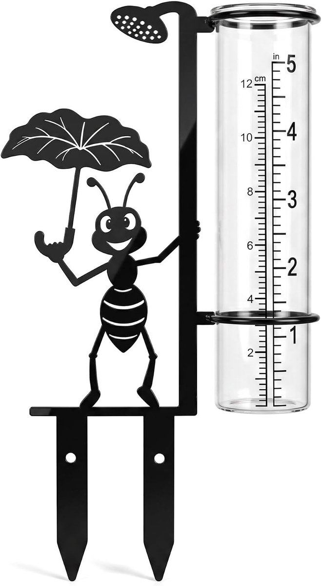 Regenmeter - 12 cm - Regenmeter Tuin - Neerslagmeter - Regenmeter op stokhouder - Dubbele schaal - Pluviometer - mierenfiguur - kunststof - voor gazon, binnenplaats en tuindecoratie