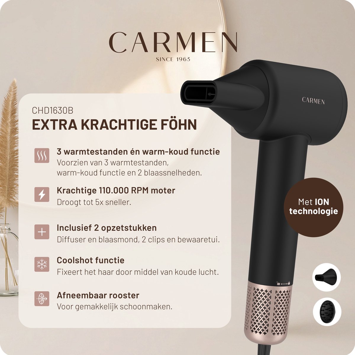 Carmen CHD1630B Föhn met Diffuser en 3 Warmtestanden - afbeelding 2