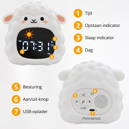 Maness® Schaap Slaaptrainer - Kinderwekker - Slaapwekker - Met nachtlamp functie en wekker timer - Slaaphulp voor kinderen vanaf de peuter leeftijd - Ook leuk als nachtlampje voor baby's van Maness — afbeelding 3
