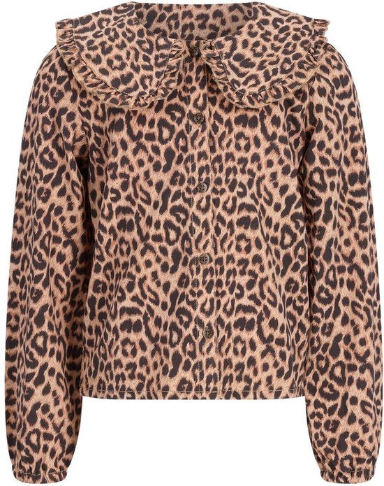 Bruine blouse met luipaardprint, knoopsluiting en opvallende kraag met ruches.