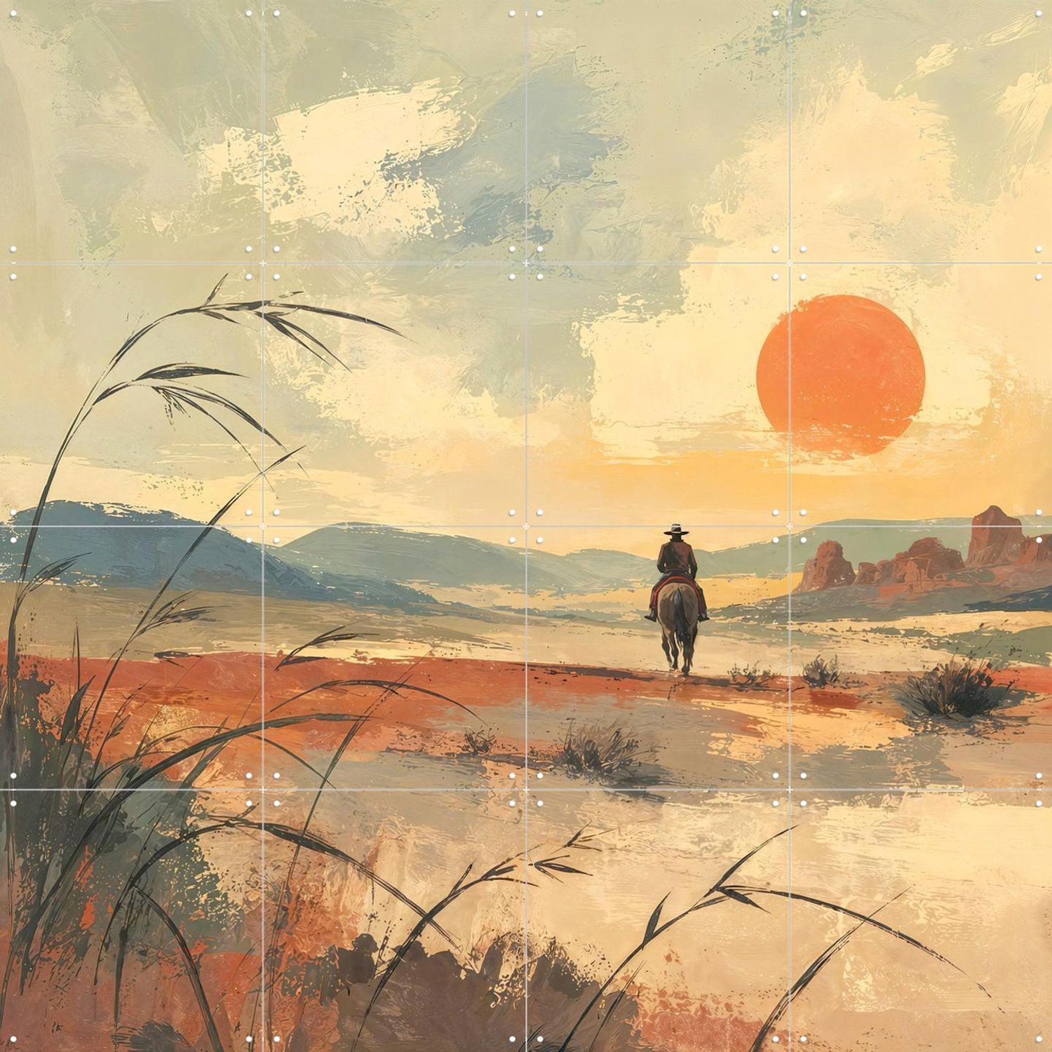 IXXI Landschap Met Cowboy Te Paard, Natalie Bruns - 80 x 80 cm - Grote wanddecoratie en posters - Kwaststreken, Digitale Kunst, Gang, Mancave, Trap Oranje / Bruin