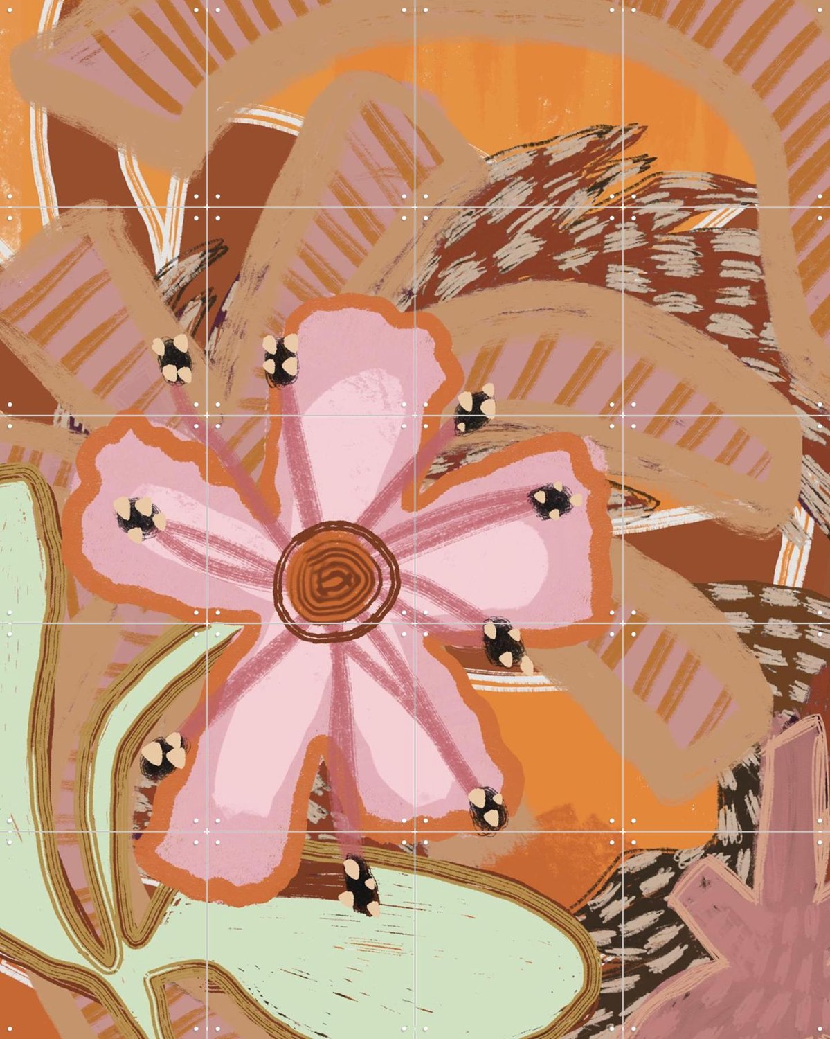 IXXI Floray, Lotte Snoek - 80 x 100 cm - Grote wanddecoratie en posters - Illustraties, Modern, Abstract, Woonkamer, Eetkamer, Bloemen Bruin / Roze