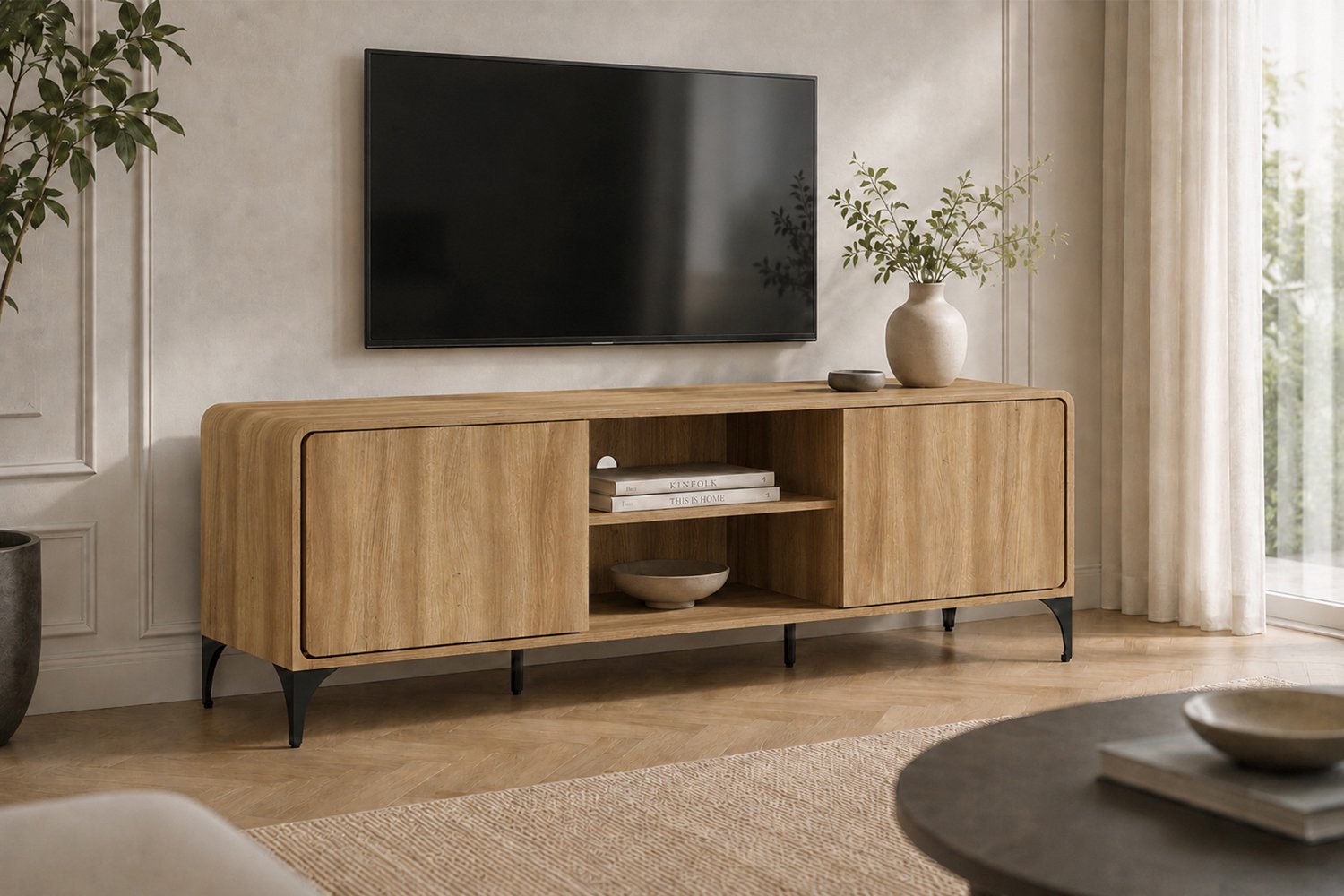 Rousseau Florence TV-meubel – 170 cm – Naturel Eikenlook – Afgeronde Hoeken – Retro Design – 2 Deuren