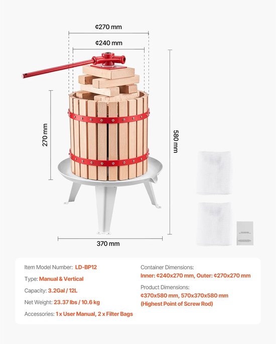Novari - Fruitpers - Fruitpers handmatig - Fruitperser - Sap pers - Sapmaker - Handpers - 12 liter - Stevige houten persmand van Novari — afbeelding 3