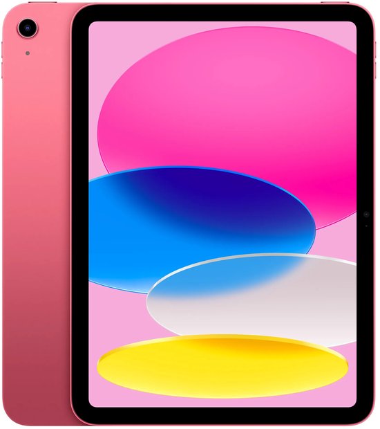 Roze Apple iPad met 11-inch scherm, getoond vanaf de voor- en achterkant met kleurrijke abstracte vormen op het display.