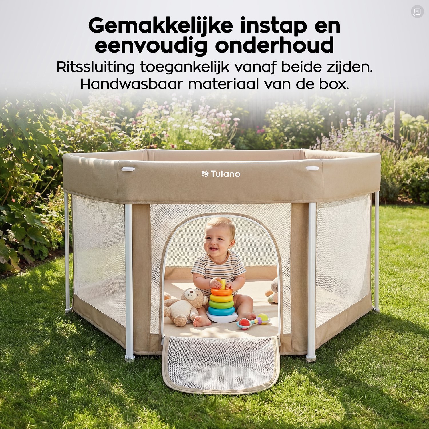 Tulano Cozy 30 - Grondbox - 125x125x66cm - Met draagtas - Inklapbare - Opvouwbare Baby Speelbox - zeshoek - voor binnen en buiten - ademend gaas - EN71 gecertificeerd - Beige – foto 2