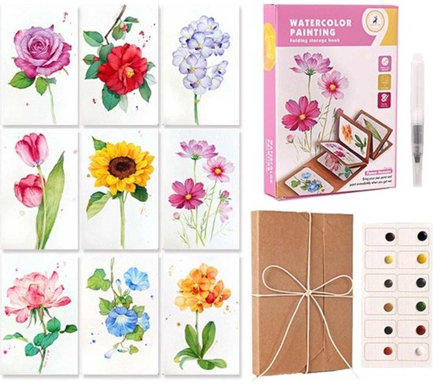 Mini-aquarelverfset - Schilderkit - Schetsen op reis - Versterkte vezelbasis - 15x11x2.1 cm - Roze