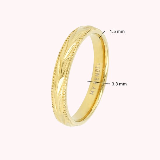 Goudkleurige ring met bladmotief, voorzien van inscriptie 'MY BENDEL', dikte 1,5 mm en breedte 3,3 mm.