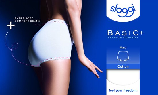 Model draagt een witte Sloggi Basic+ Maxi slip van katoen met comfortabele naden. Tekst: Extra zacht, feel your freedom.