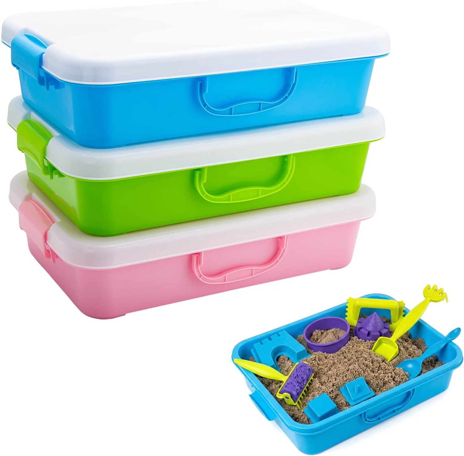 Opbergbox - 3-delige Set Stapelbare Zandbak Containers met Deksel en Handvat - Luchtdicht en Veilig - Geschikt voor Reizen en Thuis - Blauw Groen en Roze - 3 Stuks