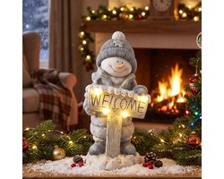 Pugsdrly Kerstdecoratie: sneeuwpopfiguur, verlichte kerstfiguur van MGO met welkomstbordje, leds en dagtimer